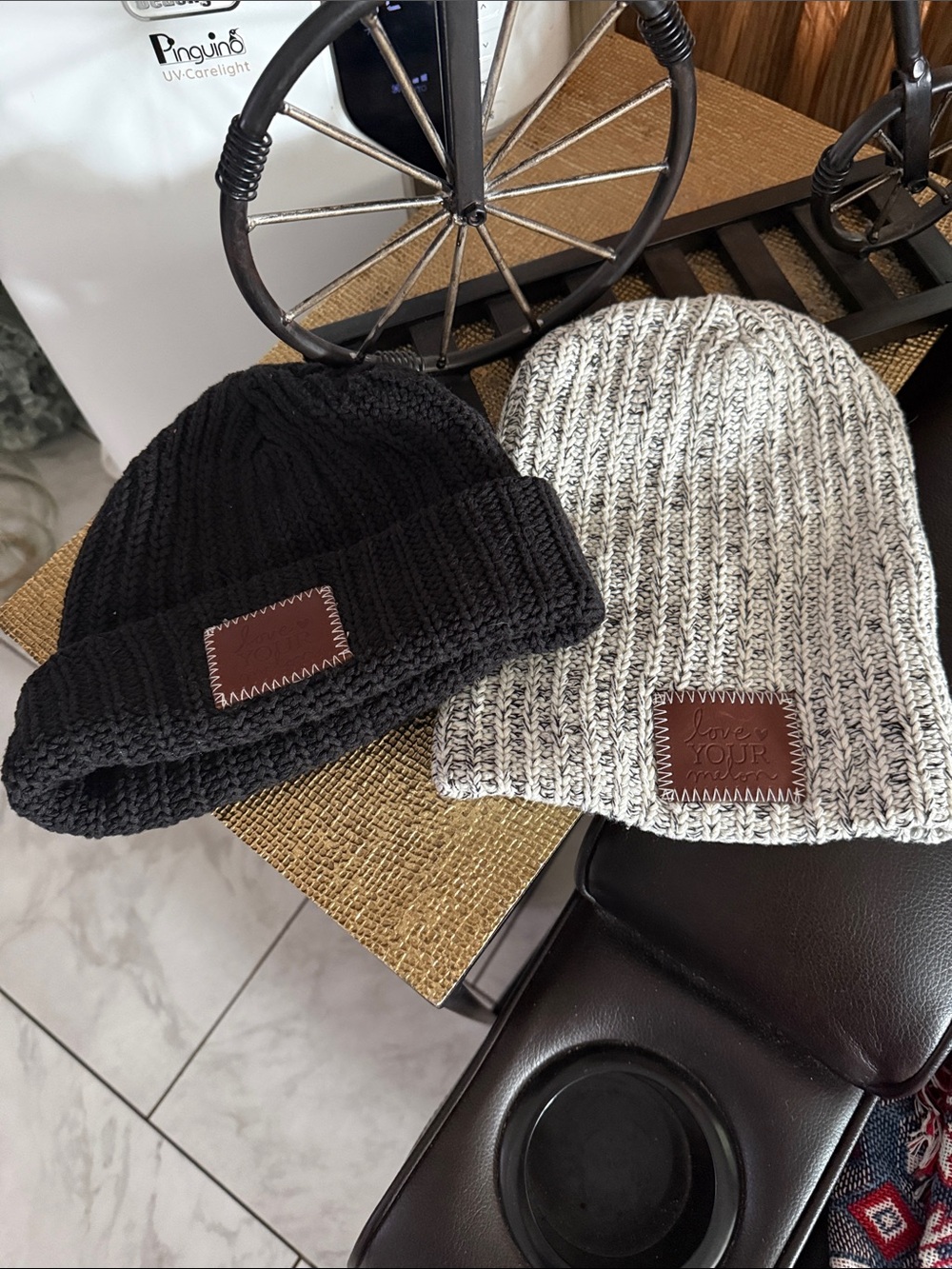 Love Your Melon Marled Gray & Black Knit Beanie with Leather Patch